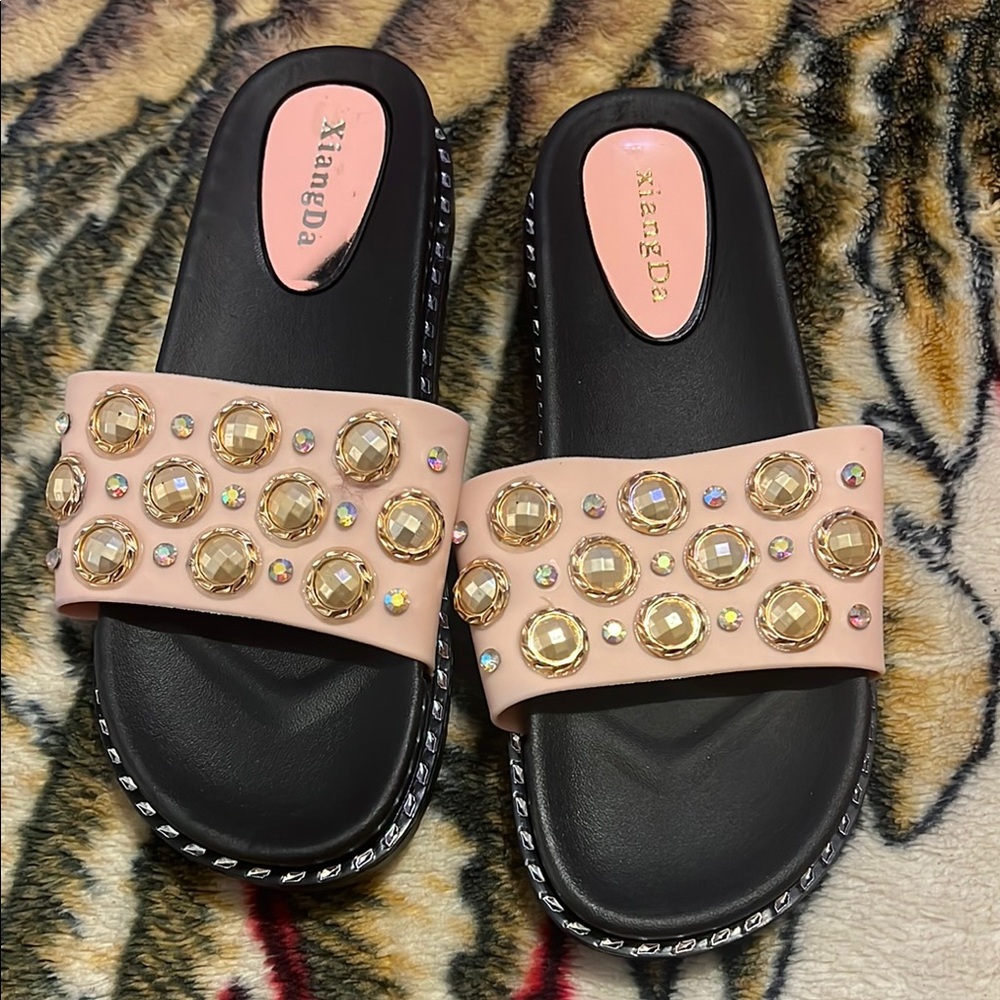 Women's Black and Gold Embellished Slides